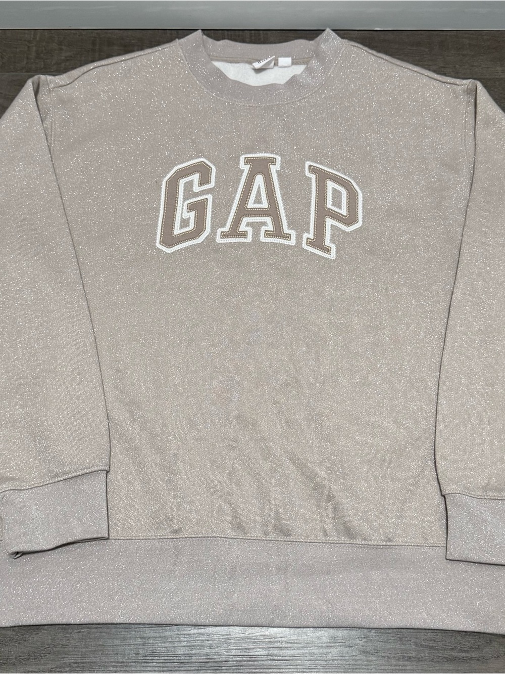 GAP Womens Sweatshirt Brown Size M Medium Spellout Glitter Tan Taupe, NWOT